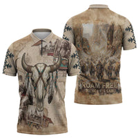 Buffalo Skull Zipper Polo Shirt Feathers Tribal Map and Historical Indigenous Native American Heritage Bison - Wonder Print Shop