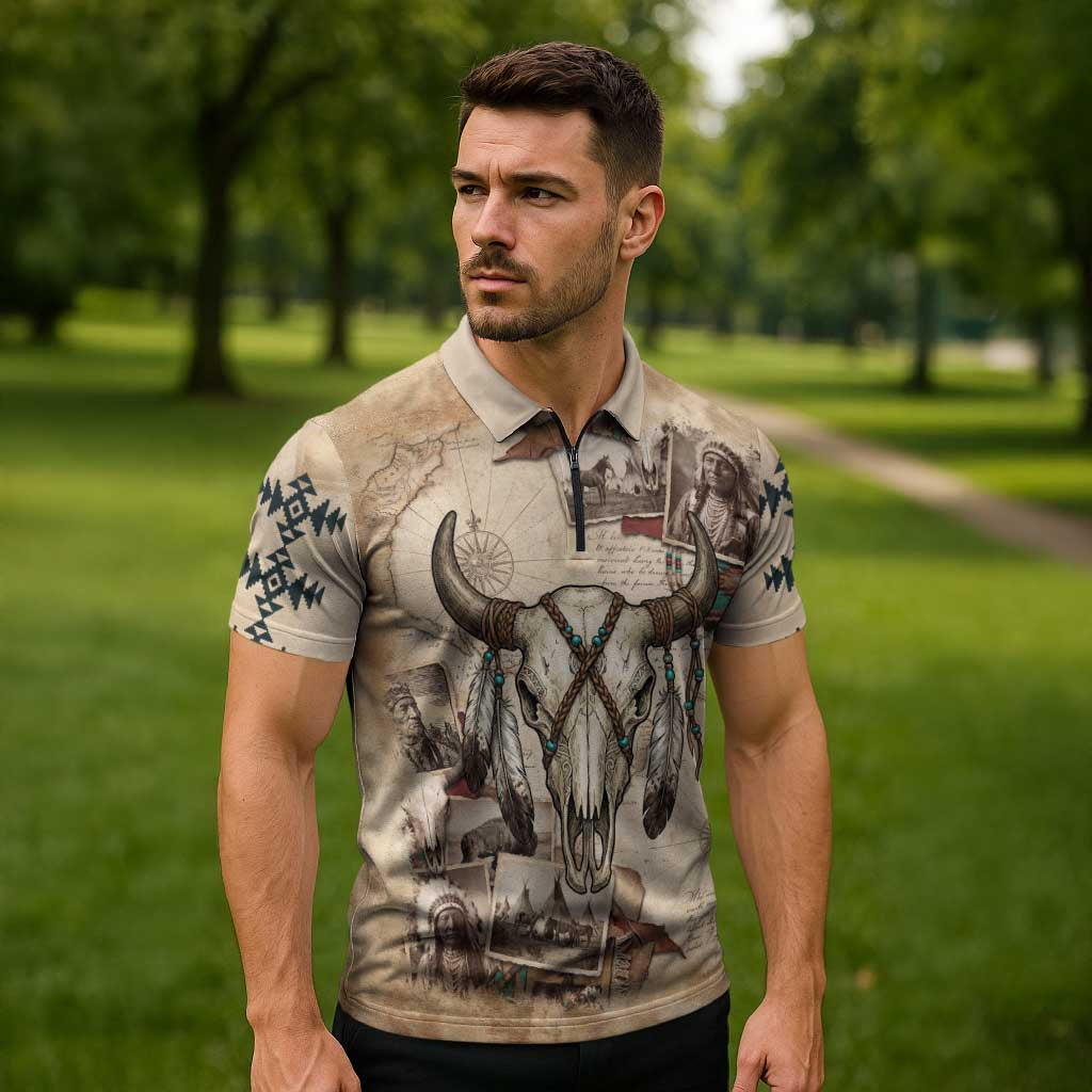 Buffalo Skull Zipper Polo Shirt Feathers Tribal Map and Historical Indigenous Native American Heritage Bison - Wonder Print Shop
