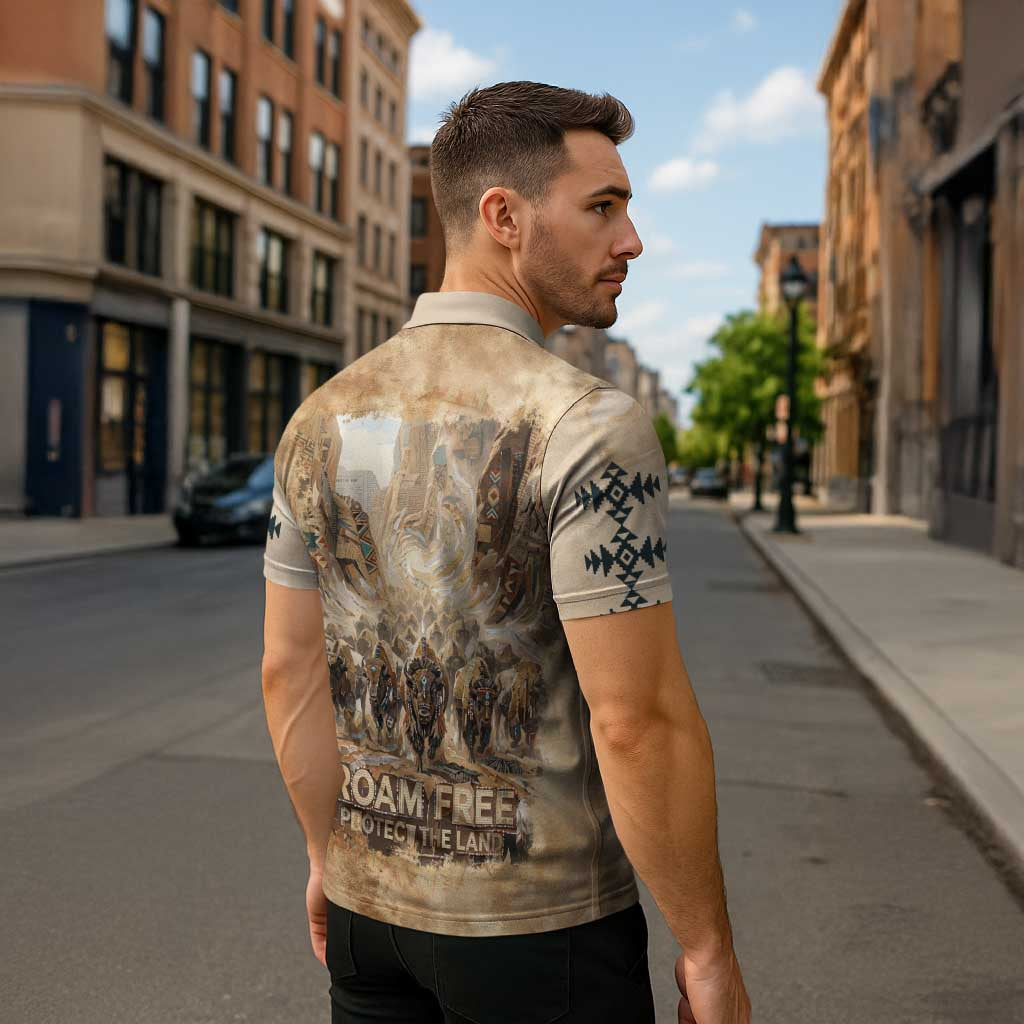 Buffalo Skull Zipper Polo Shirt Feathers Tribal Map and Historical Indigenous Native American Heritage Bison - Wonder Print Shop