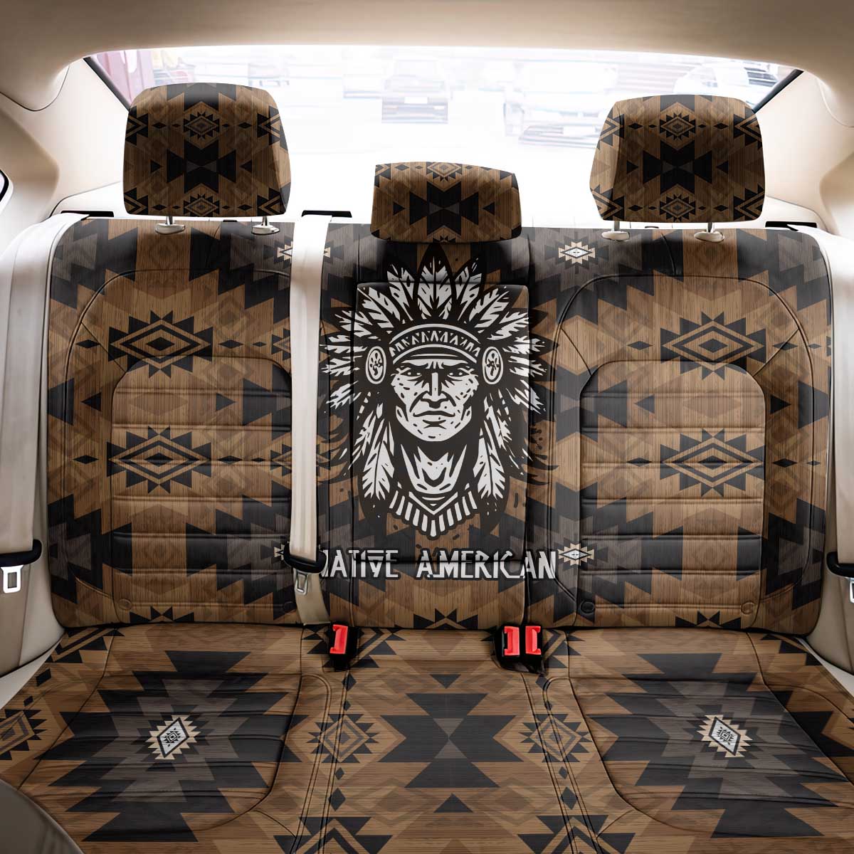 Native American Chief Warrior Back Car Seat Cover Feather Headdress and Horse Tribal Arrow Pattern - Wonder Print Shop