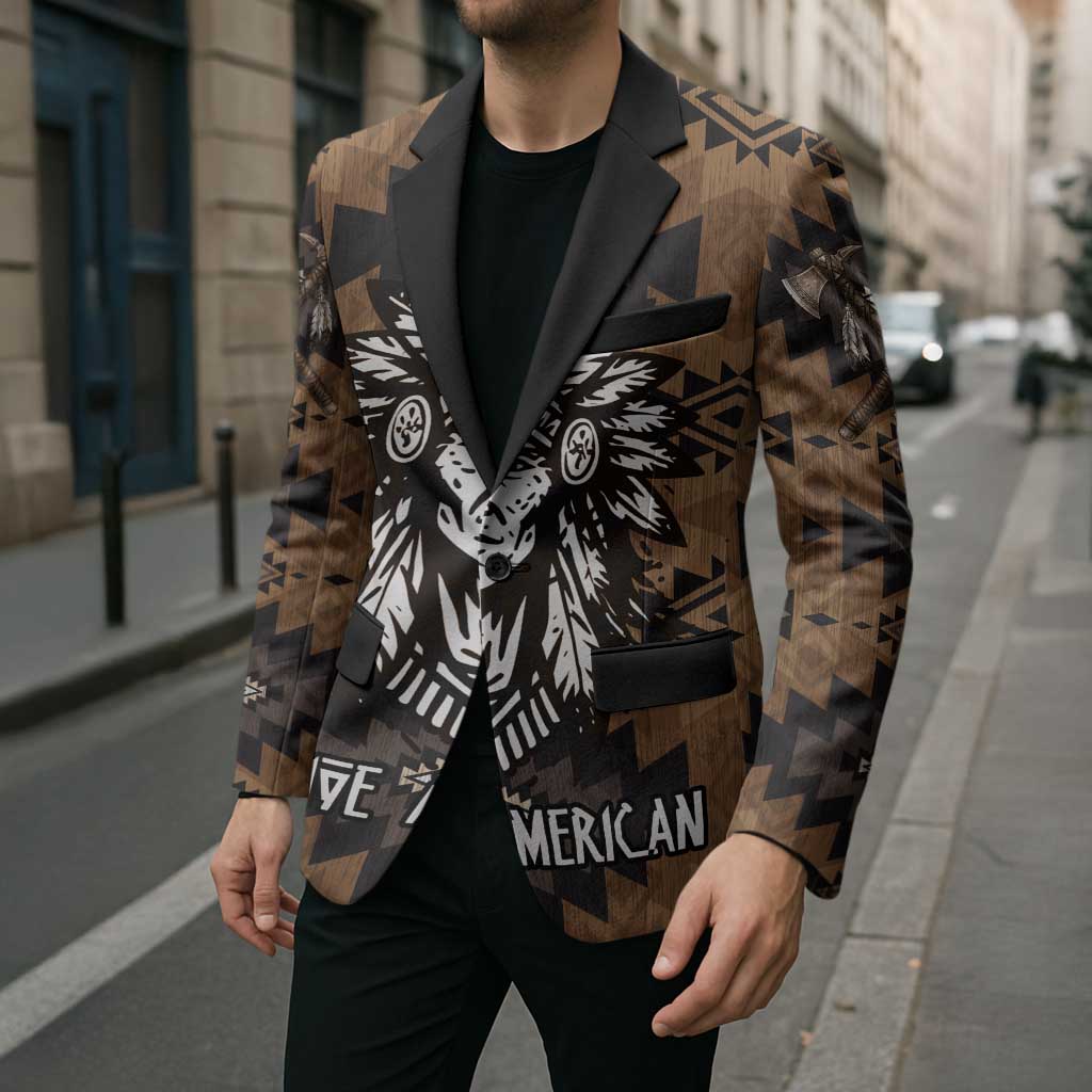 Native American Chief Warrior Blazer Feather Headdress and Horse Tribal Arrow Pattern - Wonder Print Shop