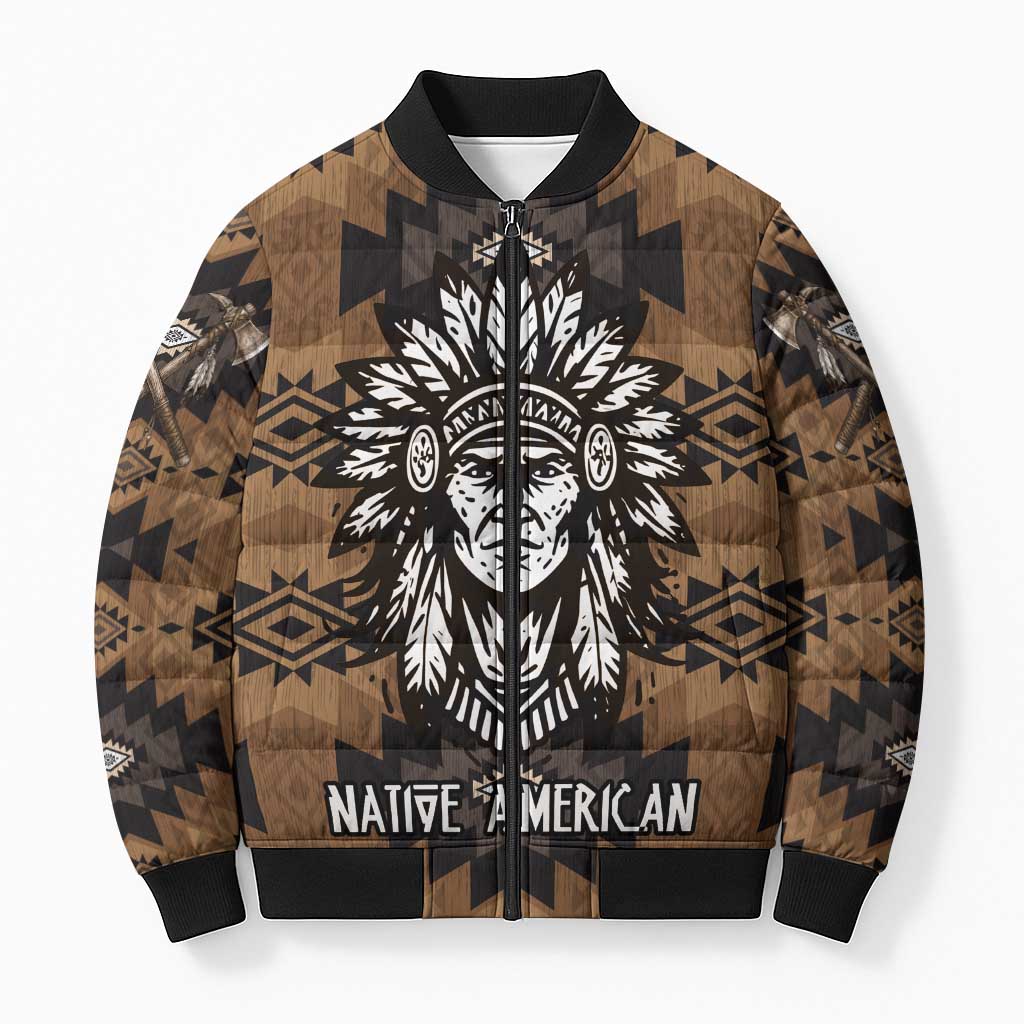 Native American Chief Warrior Bomber Puffer Jacket Feather Headdress and Horse Tribal Arrow Pattern - Wonder Print Shop