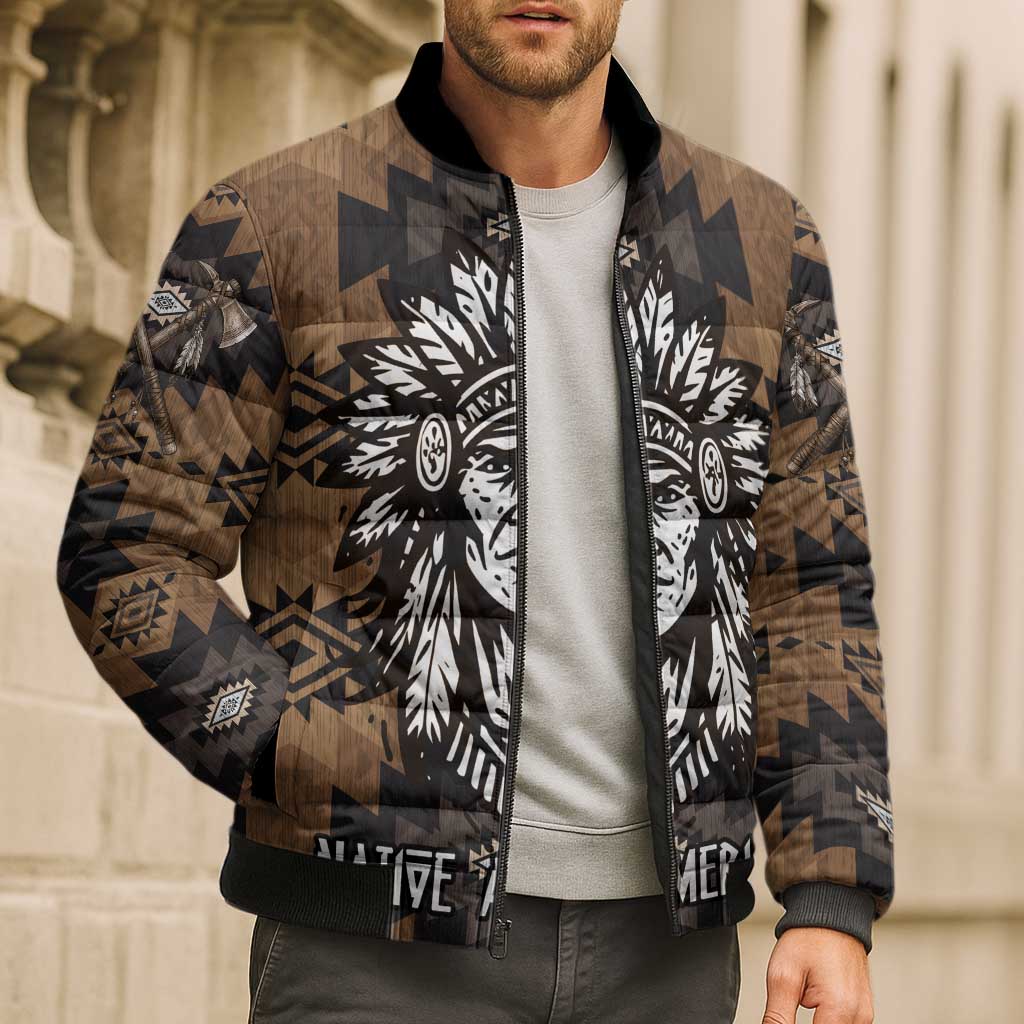 Native American Chief Warrior Bomber Puffer Jacket Feather Headdress and Horse Tribal Arrow Pattern - Wonder Print Shop