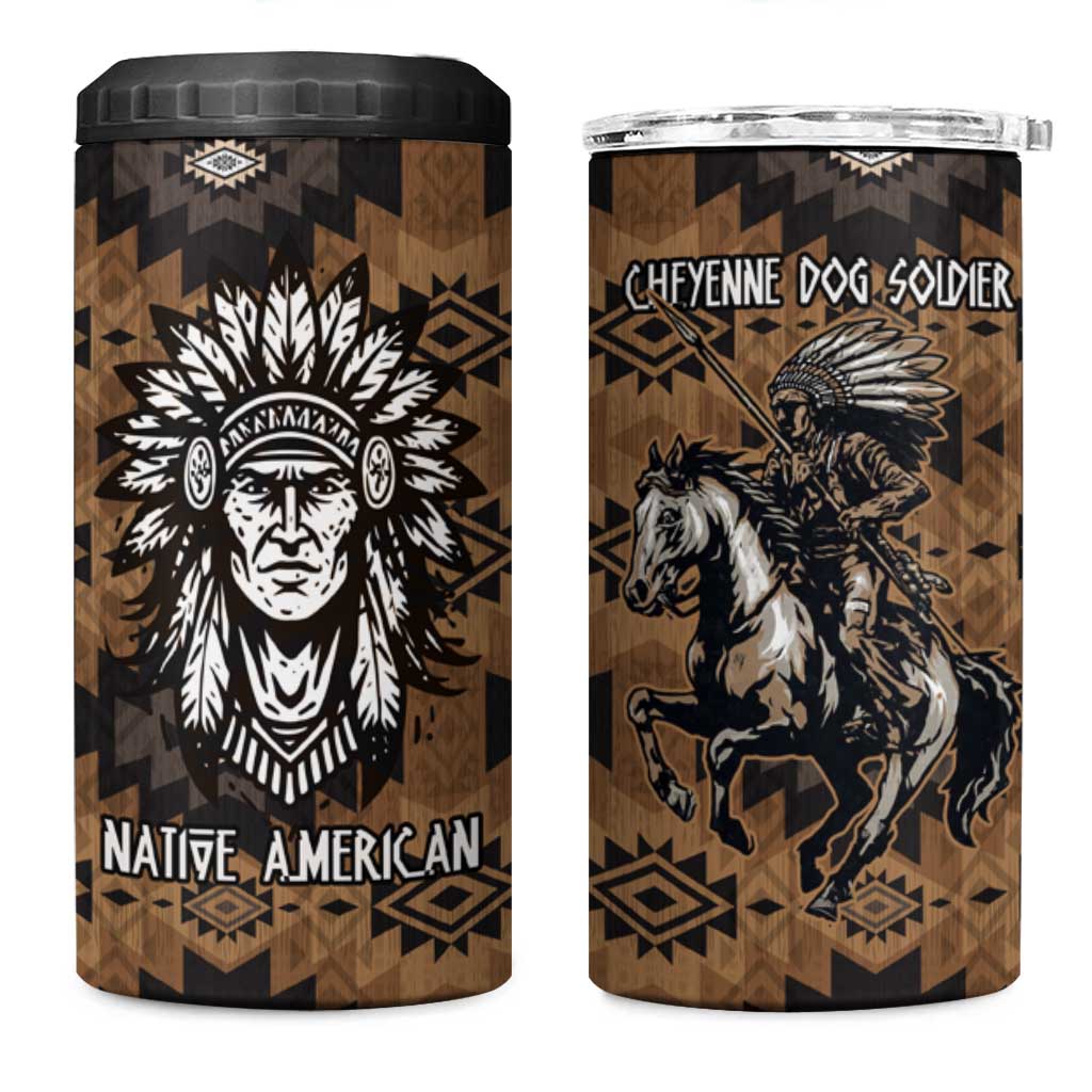Native American Chief Warrior 4 in 1 Can Cooler Tumbler Feather Headdress and Horse Tribal Arrow Pattern - Wonder Print Shop