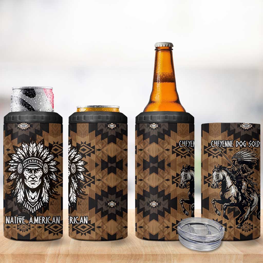 Native American Chief Warrior 4 in 1 Can Cooler Tumbler Feather Headdress and Horse Tribal Arrow Pattern - Wonder Print Shop