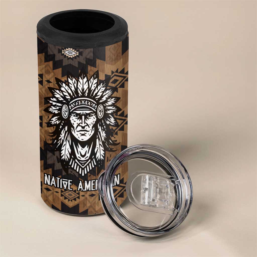 Native American Chief Warrior 4 in 1 Can Cooler Tumbler Feather Headdress and Horse Tribal Arrow Pattern - Wonder Print Shop