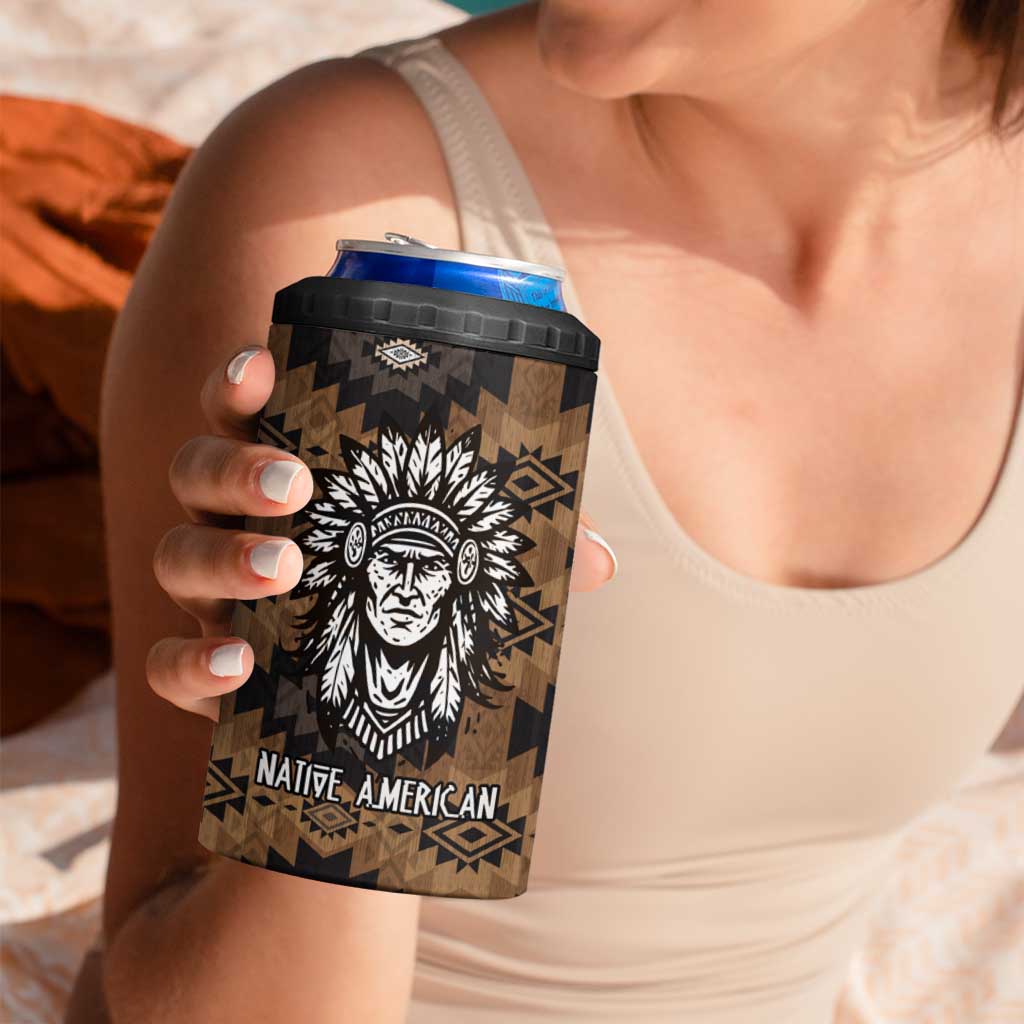 Native American Chief Warrior 4 in 1 Can Cooler Tumbler Feather Headdress and Horse Tribal Arrow Pattern - Wonder Print Shop