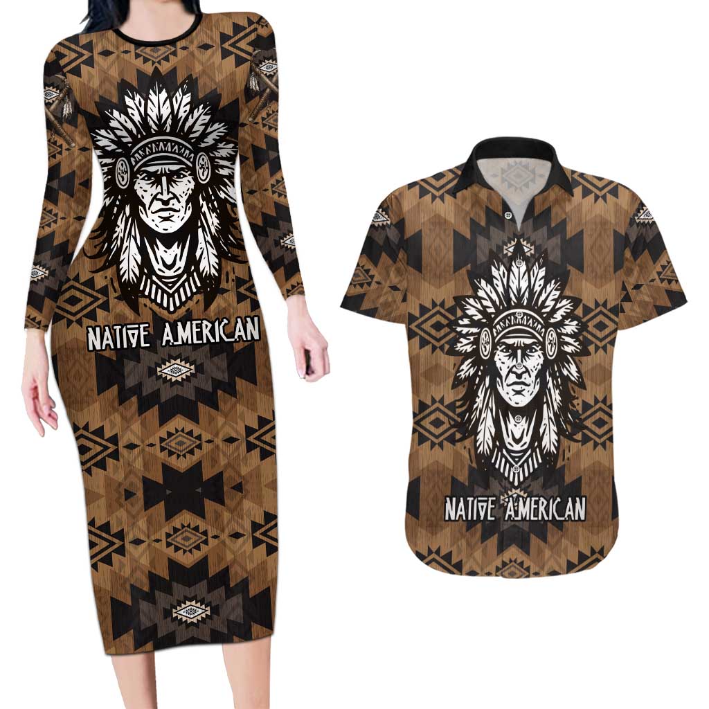 Native American Chief Warrior Couples Matching Long Sleeve Bodycon Dress and Hawaiian Shirt Feather Headdress and Horse Tribal Arrow Pattern - Wonder Print Shop