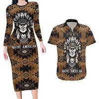Native American Chief Warrior Couples Matching Long Sleeve Bodycon Dress and Hawaiian Shirt Feather Headdress and Horse Tribal Arrow Pattern - Wonder Print Shop