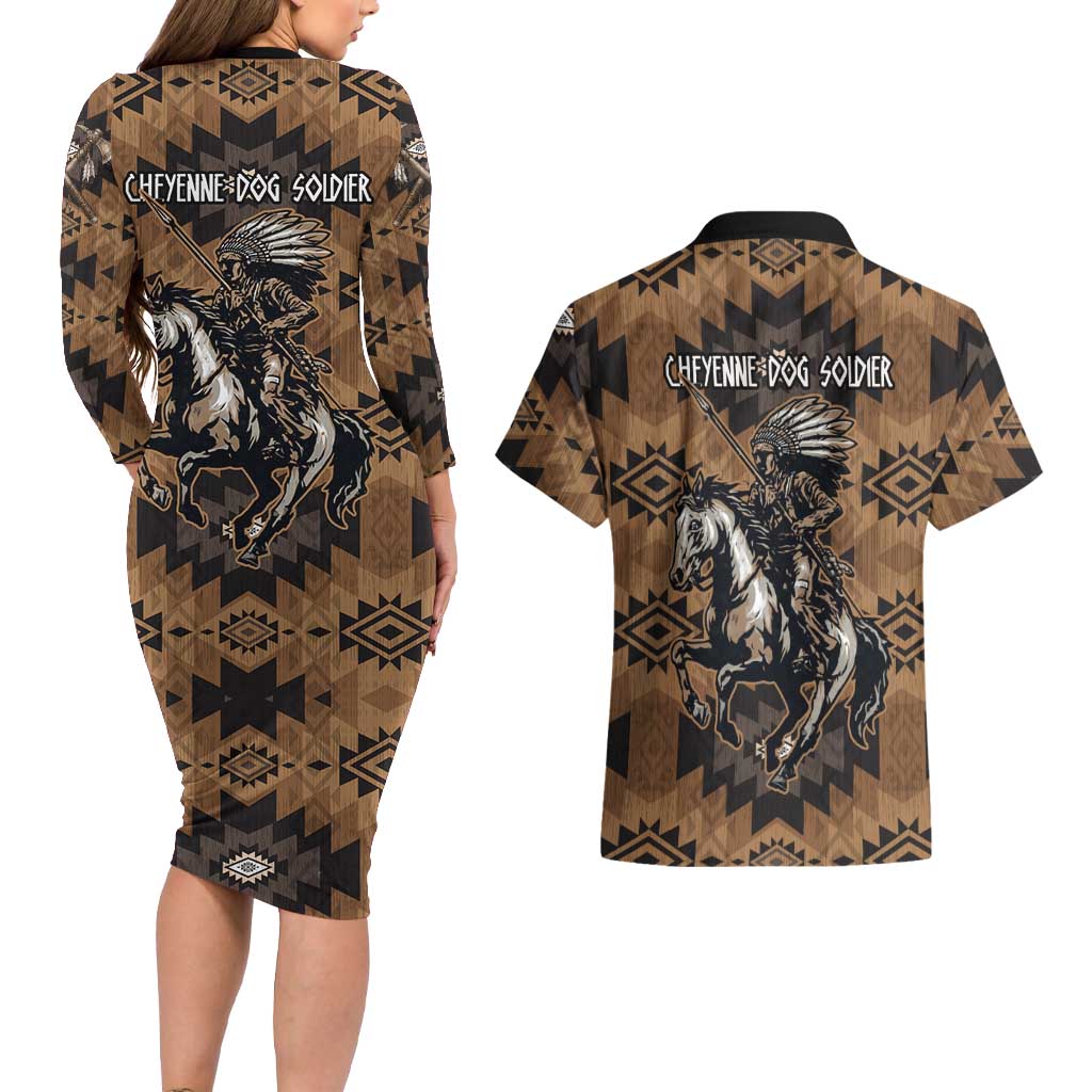 Native American Chief Warrior Couples Matching Long Sleeve Bodycon Dress and Hawaiian Shirt Feather Headdress and Horse Tribal Arrow Pattern - Wonder Print Shop