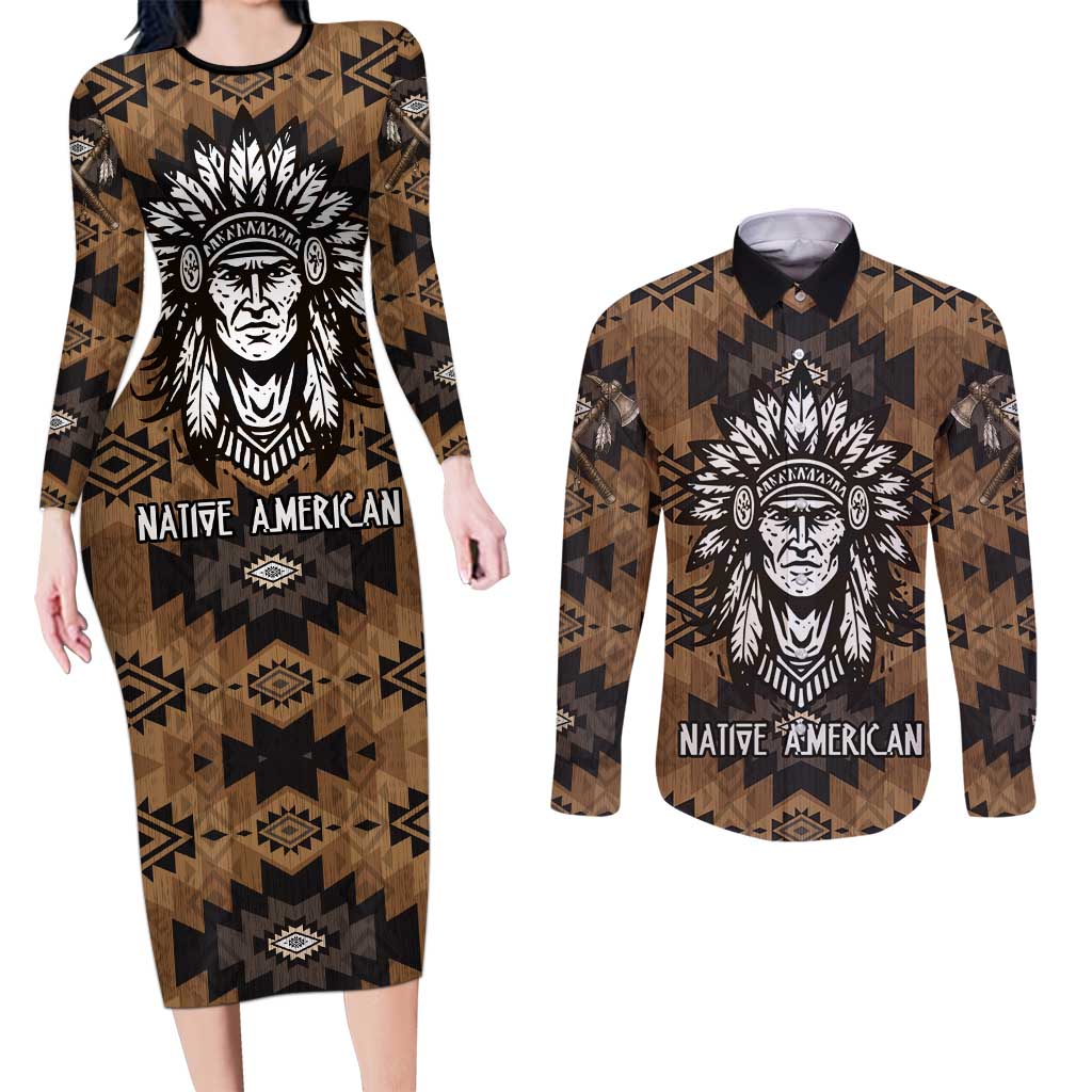 Native American Chief Warrior Couples Matching Long Sleeve Bodycon Dress and Long Sleeve Button Shirt Feather Headdress and Horse Tribal Arrow Pattern - Wonder Print Shop