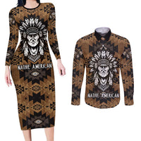Native American Chief Warrior Couples Matching Long Sleeve Bodycon Dress and Long Sleeve Button Shirt Feather Headdress and Horse Tribal Arrow Pattern - Wonder Print Shop