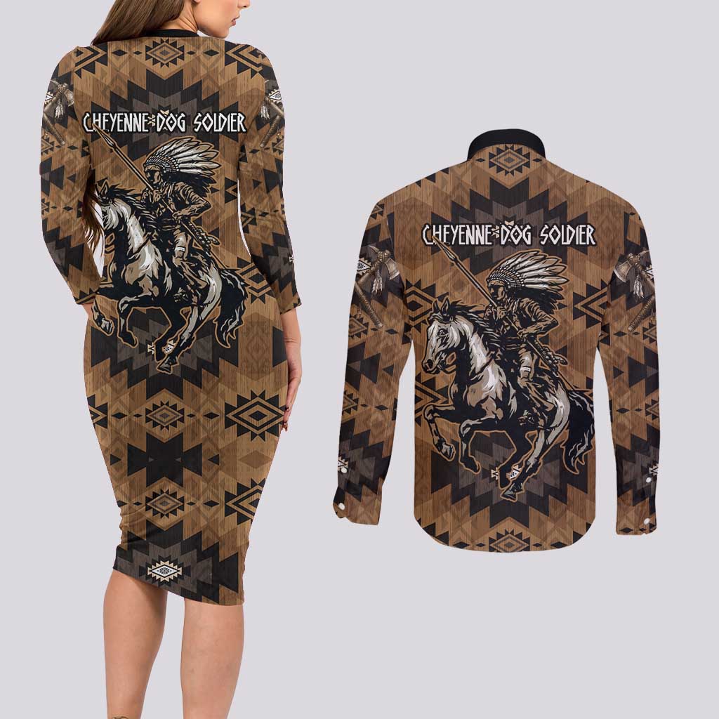 Native American Chief Warrior Couples Matching Long Sleeve Bodycon Dress and Long Sleeve Button Shirt Feather Headdress and Horse Tribal Arrow Pattern - Wonder Print Shop