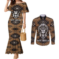 Native American Chief Warrior Couples Matching Mermaid Dress and Long Sleeve Button Shirt Feather Headdress and Horse Tribal Arrow Pattern - Wonder Print Shop
