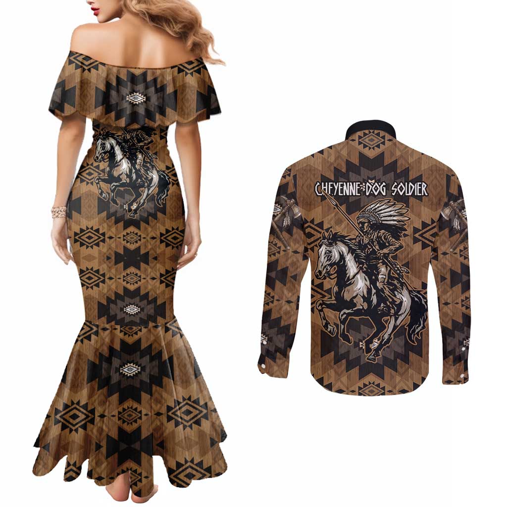 Native American Chief Warrior Couples Matching Mermaid Dress and Long Sleeve Button Shirt Feather Headdress and Horse Tribal Arrow Pattern - Wonder Print Shop