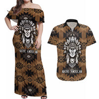 Native American Chief Warrior Couples Matching Off Shoulder Maxi Dress and Hawaiian Shirt Feather Headdress and Horse Tribal Arrow Pattern - Wonder Print Shop
