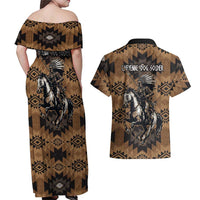 Native American Chief Warrior Couples Matching Off Shoulder Maxi Dress and Hawaiian Shirt Feather Headdress and Horse Tribal Arrow Pattern - Wonder Print Shop