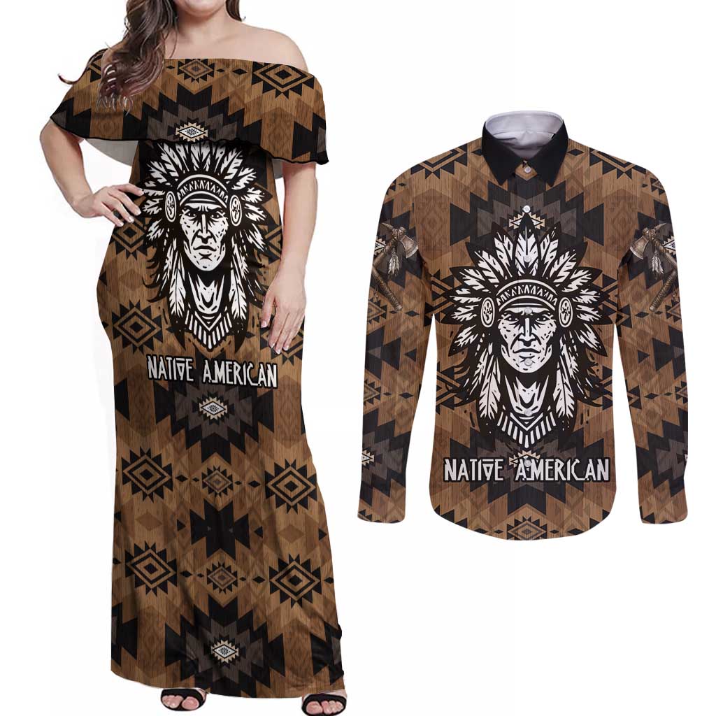 Native American Chief Warrior Couples Matching Off Shoulder Maxi Dress and Long Sleeve Button Shirt Feather Headdress and Horse Tribal Arrow Pattern - Wonder Print Shop