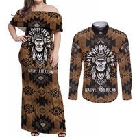 Native American Chief Warrior Couples Matching Off Shoulder Maxi Dress and Long Sleeve Button Shirt Feather Headdress and Horse Tribal Arrow Pattern - Wonder Print Shop
