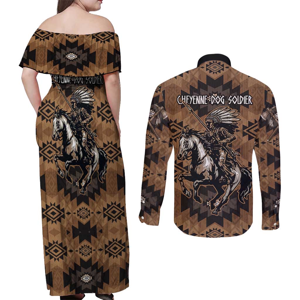 Native American Chief Warrior Couples Matching Off Shoulder Maxi Dress and Long Sleeve Button Shirt Feather Headdress and Horse Tribal Arrow Pattern - Wonder Print Shop