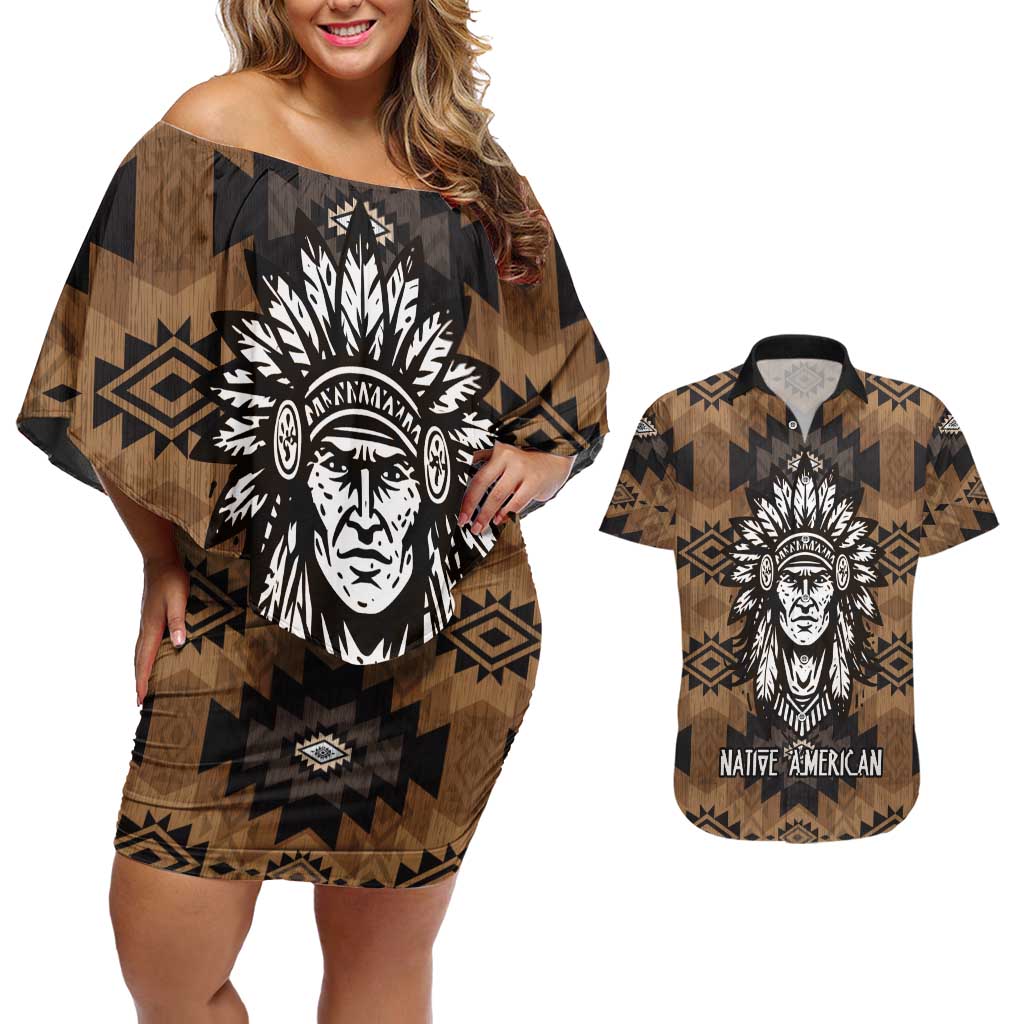 Native American Chief Warrior Couples Matching Off Shoulder Short Dress and Hawaiian Shirt Feather Headdress and Horse Tribal Arrow Pattern - Wonder Print Shop