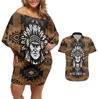 Native American Chief Warrior Couples Matching Off Shoulder Short Dress and Hawaiian Shirt Feather Headdress and Horse Tribal Arrow Pattern - Wonder Print Shop