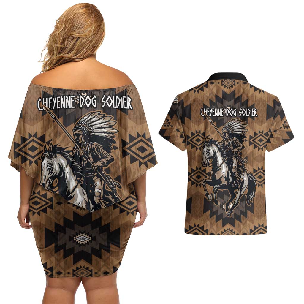 Native American Chief Warrior Couples Matching Off Shoulder Short Dress and Hawaiian Shirt Feather Headdress and Horse Tribal Arrow Pattern - Wonder Print Shop