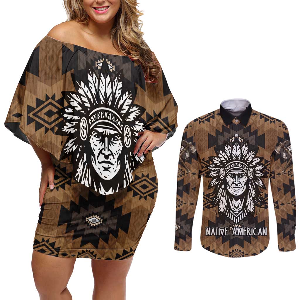 Native American Chief Warrior Couples Matching Off Shoulder Short Dress and Long Sleeve Button Shirt Feather Headdress and Horse Tribal Arrow Pattern - Wonder Print Shop