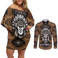 Native American Chief Warrior Couples Matching Off Shoulder Short Dress and Long Sleeve Button Shirt Feather Headdress and Horse Tribal Arrow Pattern - Wonder Print Shop