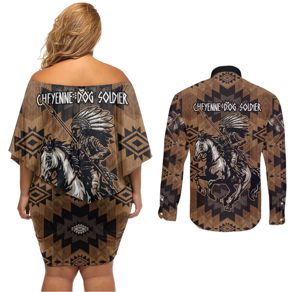 Native American Chief Warrior Couples Matching Off Shoulder Short Dress and Long Sleeve Button Shirt Feather Headdress and Horse Tribal Arrow Pattern - Wonder Print Shop