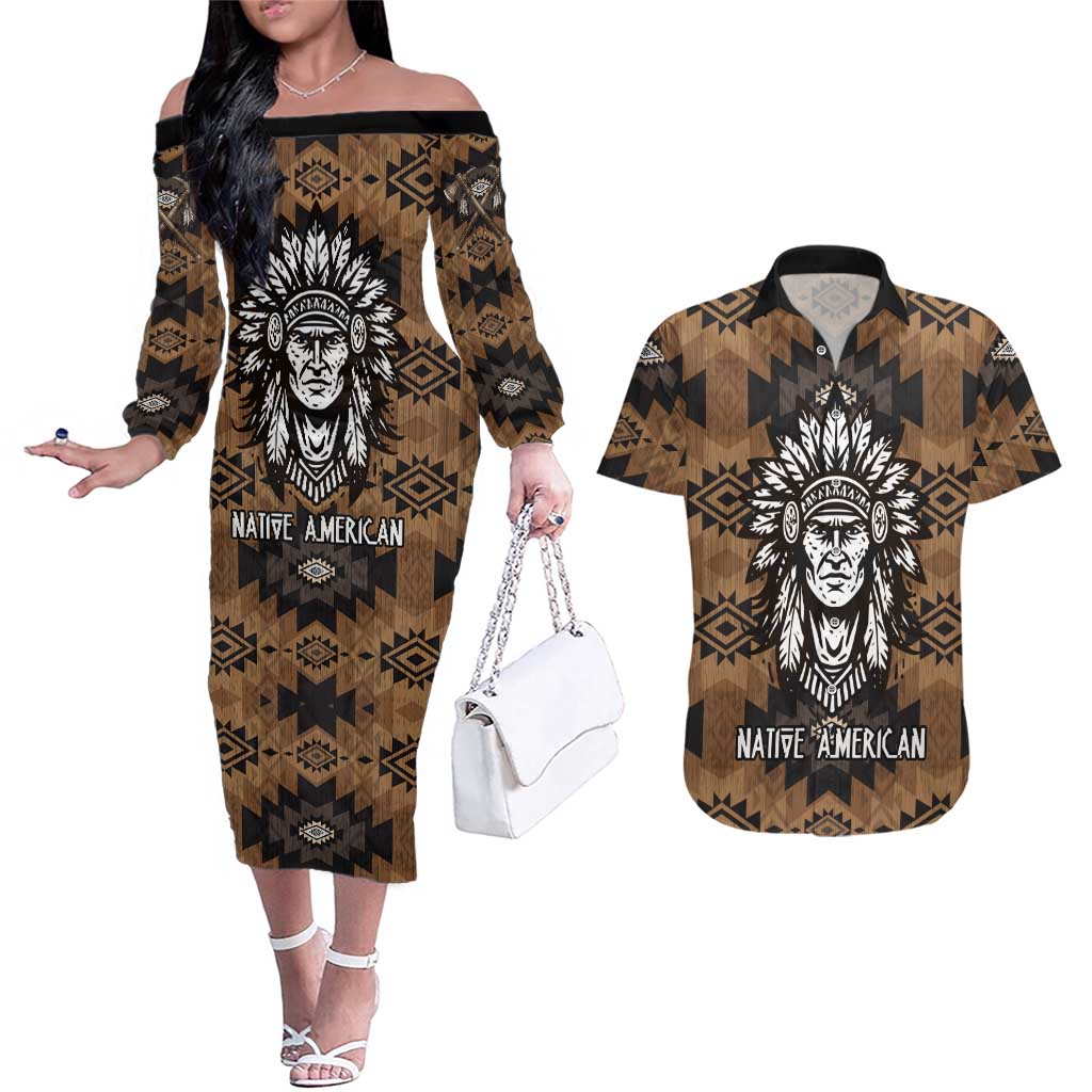 Native American Chief Warrior Couples Matching Off The Shoulder Long Sleeve Dress and Hawaiian Shirt Feather Headdress and Horse Tribal Arrow Pattern - Wonder Print Shop