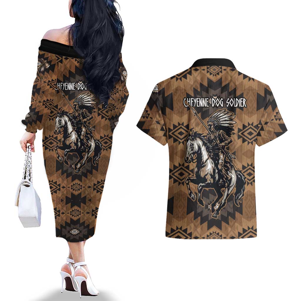 Native American Chief Warrior Couples Matching Off The Shoulder Long Sleeve Dress and Hawaiian Shirt Feather Headdress and Horse Tribal Arrow Pattern - Wonder Print Shop