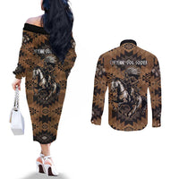 Native American Chief Warrior Couples Matching Off The Shoulder Long Sleeve Dress and Long Sleeve Button Shirt Feather Headdress and Horse Tribal Arrow Pattern - Wonder Print Shop