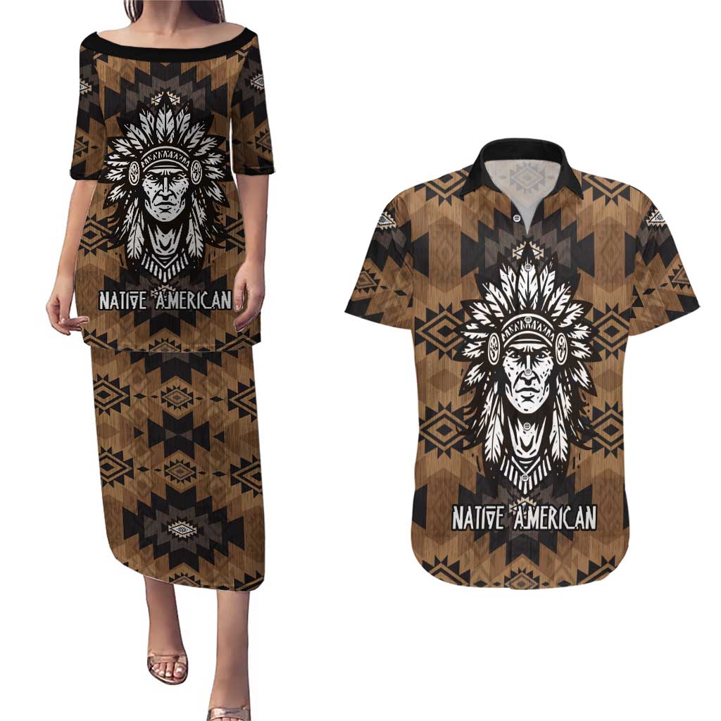 Native American Chief Warrior Couples Matching Puletasi and Hawaiian Shirt Feather Headdress and Horse Tribal Arrow Pattern - Wonder Print Shop