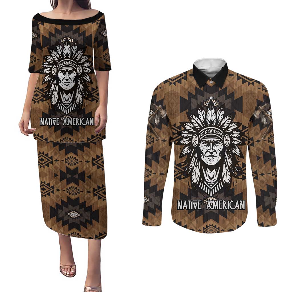 Native American Chief Warrior Couples Matching Puletasi and Long Sleeve Button Shirt Feather Headdress and Horse Tribal Arrow Pattern - Wonder Print Shop