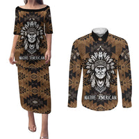 Native American Chief Warrior Couples Matching Puletasi and Long Sleeve Button Shirt Feather Headdress and Horse Tribal Arrow Pattern - Wonder Print Shop