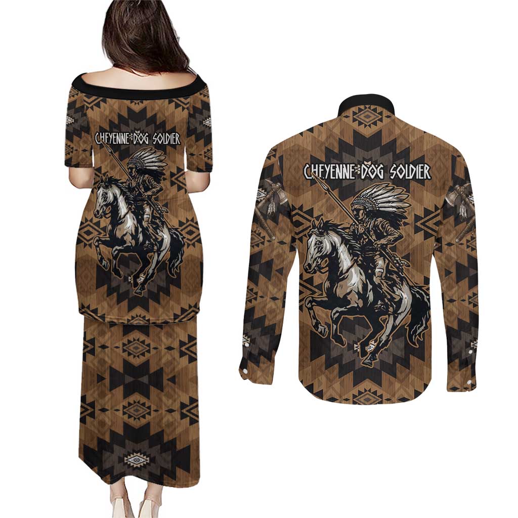 Native American Chief Warrior Couples Matching Puletasi and Long Sleeve Button Shirt Feather Headdress and Horse Tribal Arrow Pattern - Wonder Print Shop