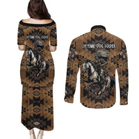 Native American Chief Warrior Couples Matching Puletasi and Long Sleeve Button Shirt Feather Headdress and Horse Tribal Arrow Pattern - Wonder Print Shop