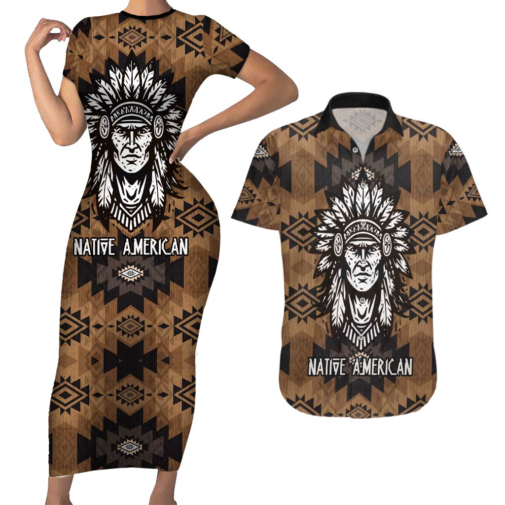 Native American Chief Warrior Couples Matching Short Sleeve Bodycon Dress and Hawaiian Shirt Feather Headdress and Horse Tribal Arrow Pattern - Wonder Print Shop