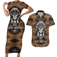 Native American Chief Warrior Couples Matching Short Sleeve Bodycon Dress and Hawaiian Shirt Feather Headdress and Horse Tribal Arrow Pattern - Wonder Print Shop
