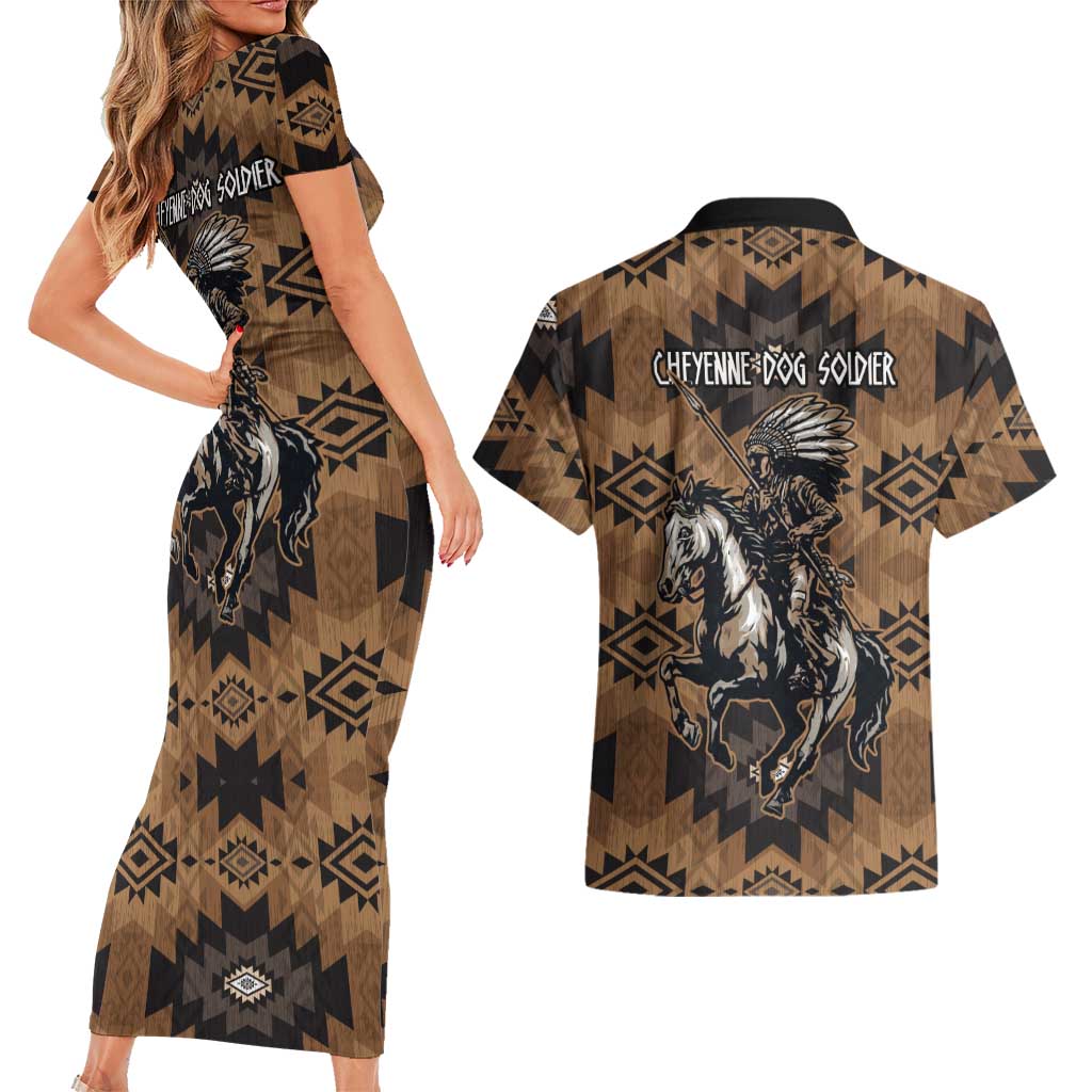 Native American Chief Warrior Couples Matching Short Sleeve Bodycon Dress and Hawaiian Shirt Feather Headdress and Horse Tribal Arrow Pattern - Wonder Print Shop