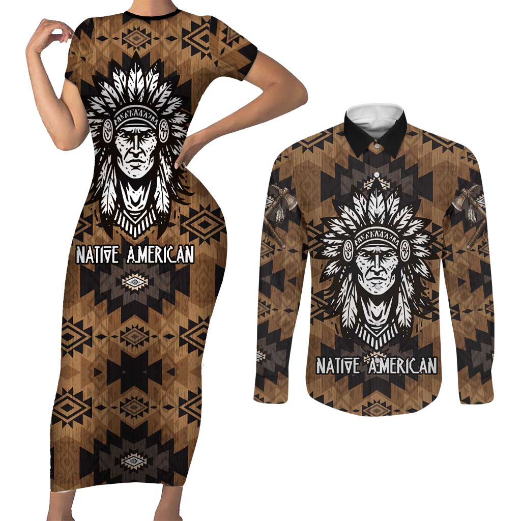 Native American Chief Warrior Couples Matching Short Sleeve Bodycon Dress and Long Sleeve Button Shirt Feather Headdress and Horse Tribal Arrow Pattern - Wonder Print Shop