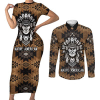 Native American Chief Warrior Couples Matching Short Sleeve Bodycon Dress and Long Sleeve Button Shirt Feather Headdress and Horse Tribal Arrow Pattern - Wonder Print Shop