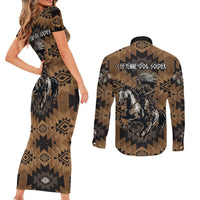 Native American Chief Warrior Couples Matching Short Sleeve Bodycon Dress and Long Sleeve Button Shirt Feather Headdress and Horse Tribal Arrow Pattern - Wonder Print Shop