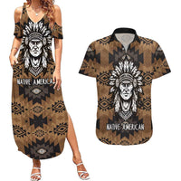 Native American Chief Warrior Couples Matching Summer Maxi Dress and Hawaiian Shirt Feather Headdress and Horse Tribal Arrow Pattern - Wonder Print Shop