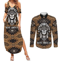 Native American Chief Warrior Couples Matching Summer Maxi Dress and Long Sleeve Button Shirt Feather Headdress and Horse Tribal Arrow Pattern - Wonder Print Shop