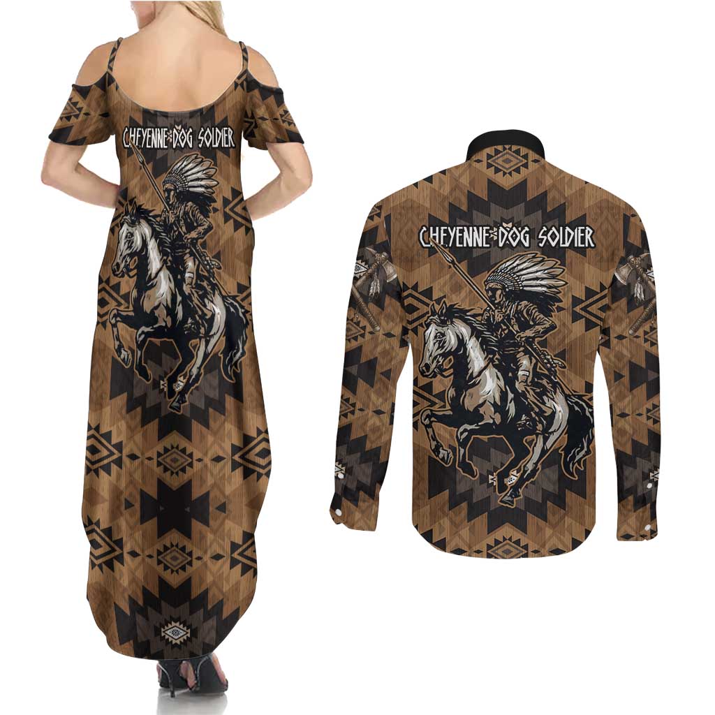 Native American Chief Warrior Couples Matching Summer Maxi Dress and Long Sleeve Button Shirt Feather Headdress and Horse Tribal Arrow Pattern - Wonder Print Shop