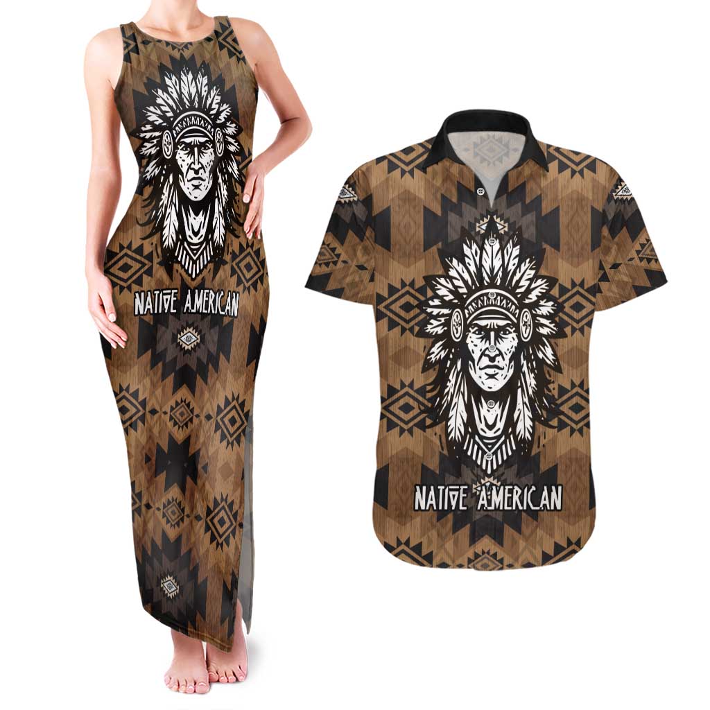Native American Chief Warrior Couples Matching Tank Maxi Dress and Hawaiian Shirt Feather Headdress and Horse Tribal Arrow Pattern - Wonder Print Shop
