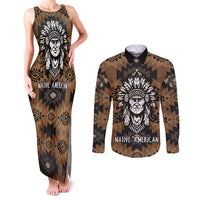 Native American Chief Warrior Couples Matching Tank Maxi Dress and Long Sleeve Button Shirt Feather Headdress and Horse Tribal Arrow Pattern - Wonder Print Shop