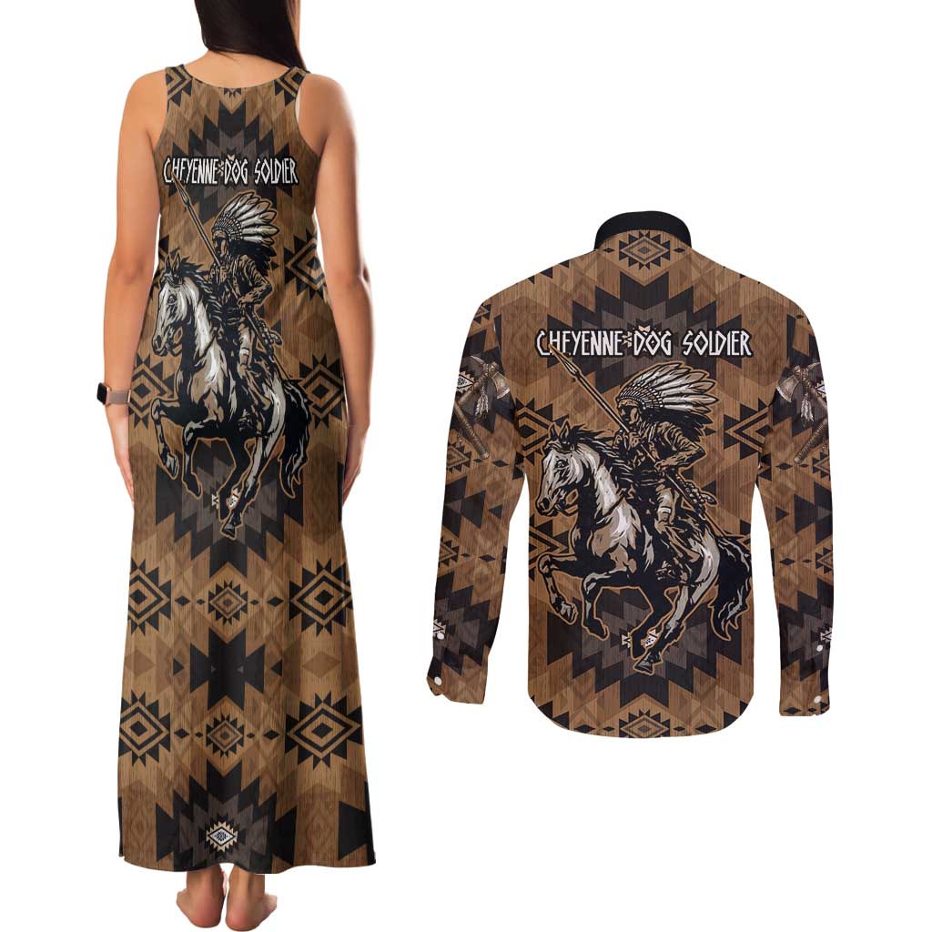 Native American Chief Warrior Couples Matching Tank Maxi Dress and Long Sleeve Button Shirt Feather Headdress and Horse Tribal Arrow Pattern - Wonder Print Shop